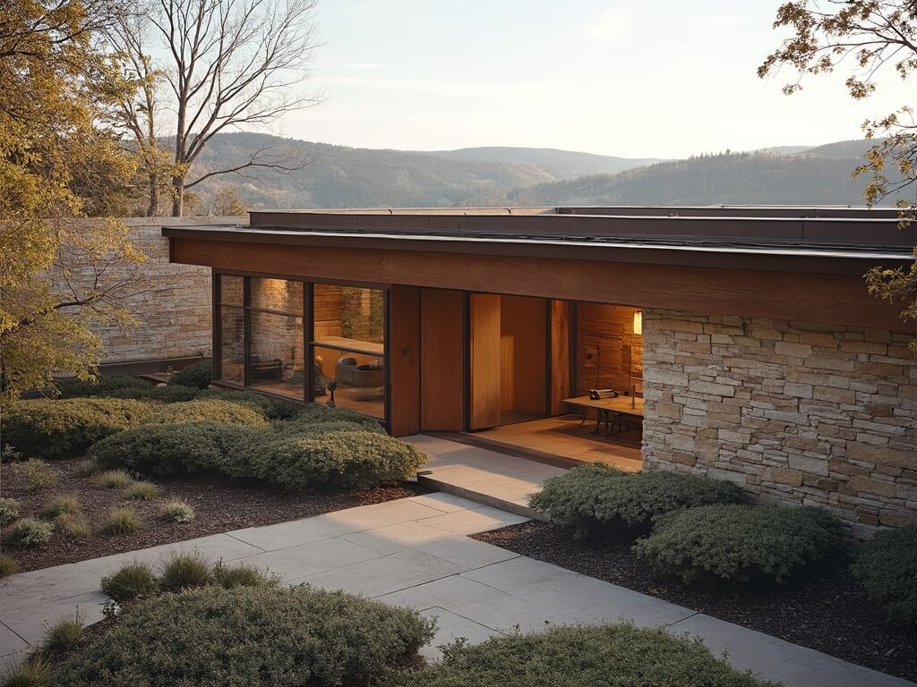 Exterior view of Frank Lloyd Wright's Kentuck Knob, a Usonian-style residence in Pennsylvania, subtly blending with the surrounding landscape under the warm afternoon sun.