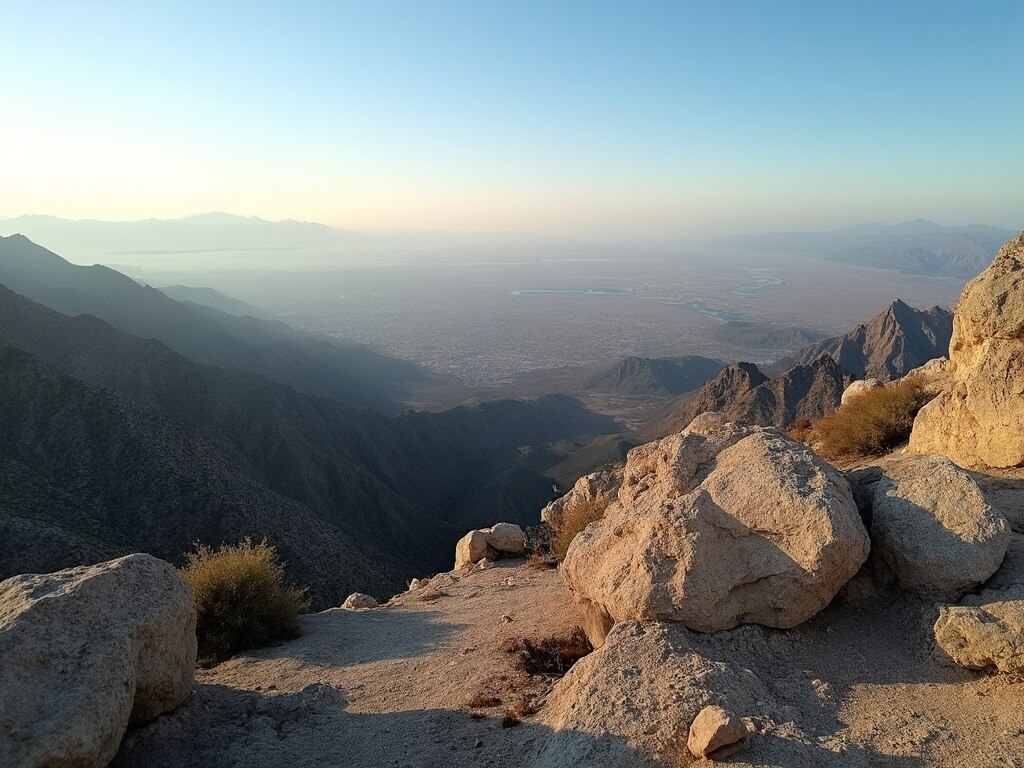 Panoramic view from Key's View summit of Coachella Valley with layered mountain ranges, visible San Andreas Fault line, granite rocks, desert vegetation and distant reflection of the Salton Sea during late afternoon.