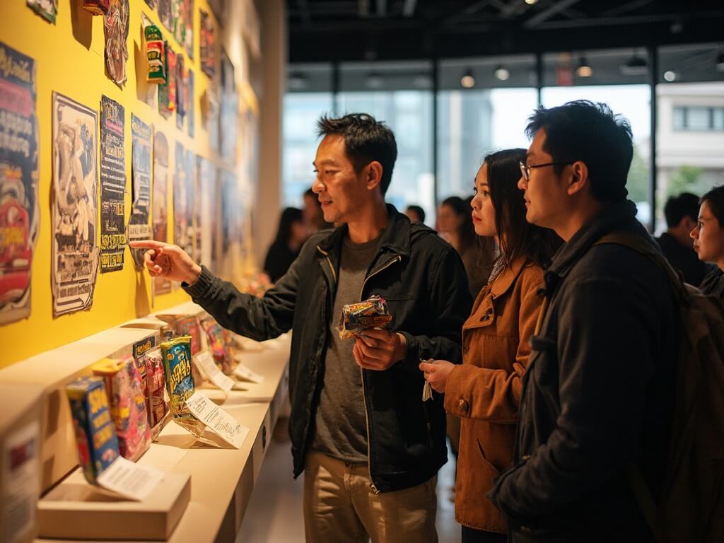 South Korean visitors engaged in examining SPAM gift sets and musubi samples at a global cultural impact exhibit, pointing at familiar products and discussing with museum docent, illuminated by natural and exhibit spotlights