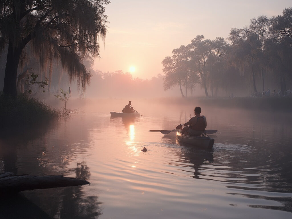 Solo kayaker in Lake Martin at sunrise, surrounded by egrets and herons in trees, with morning mist and reflections of pink and orange sky on calm water, and a turtle on a nearby log