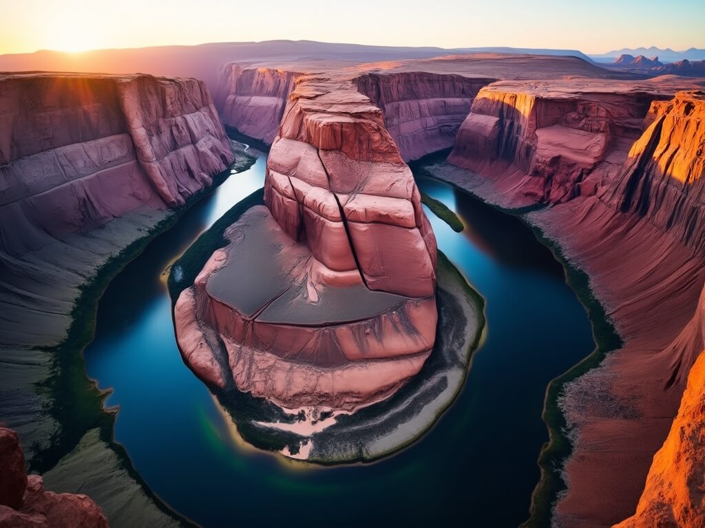 Aerial view of Lake Powell and towering red sandstone formations during golden hour in Glen Canyon National Recreation Area