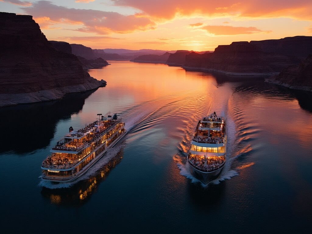 Aerial view of Lake Powell at sunset featuring multiple boat tours: a large standard cruise boat near Glen Canyon Dam, a small private photography tour boat in a secluded canyon, and the lit-up Canyon Princess dinner cruise, all creating distinctive wake patterns on the copper-hued waters.