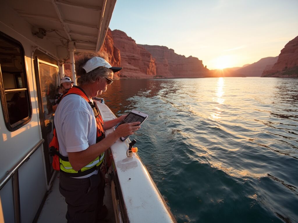 Volunteer collecting water samples on Lake Powell during golden hour, with background of towering red cliffs, water line marks on canyon walls, other participants recording data and boat's captain in the wheelhouse