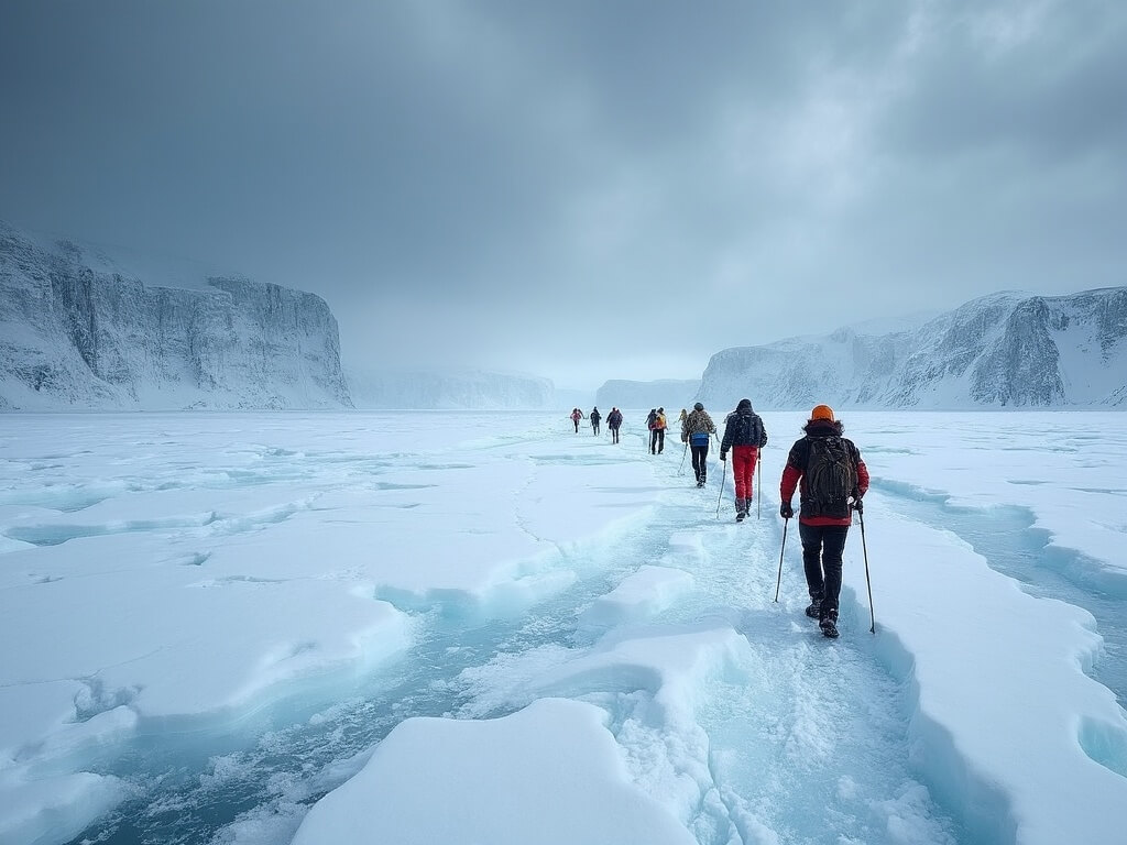 Visitors in heavy winter gear traversing the cracked ice surface of Lake Superior, with dark storm clouds overhead and sandstone cliffs in the distance.