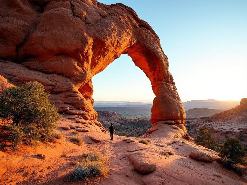 "Dramatic early morning view of Landscape Arch in Arches National Park with a lone hiker silhouette, illuminated red-orange sandstone, and desert terrain stretching into the distance."