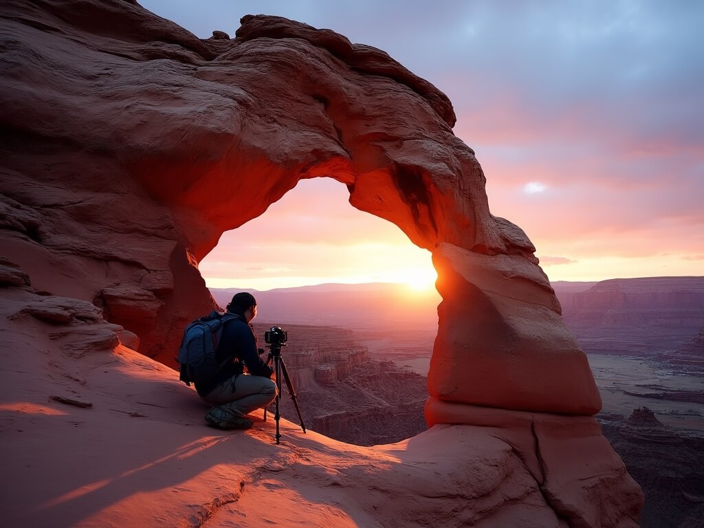 Photographer capturing the sunrise at Landscape Arch with a tripod-mounted DSLR, highlighting the sandstone's texture and radiant hues against a gradient sky