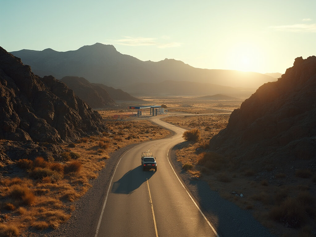 Entrance road to Lava Beds National Monument, northeastern California, featuring stark volcanic terrain, sagebrush-covered mountains, a distant gas station and a solitary vehicle, during golden hour