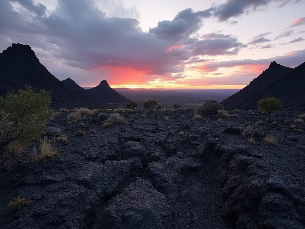 Alien volcanic landscape at Lava Beds National Monument during golden hour with dark cinder cones, jagged black lava flows, scattered sagebrush and juniper trees, and the Big Crack formation