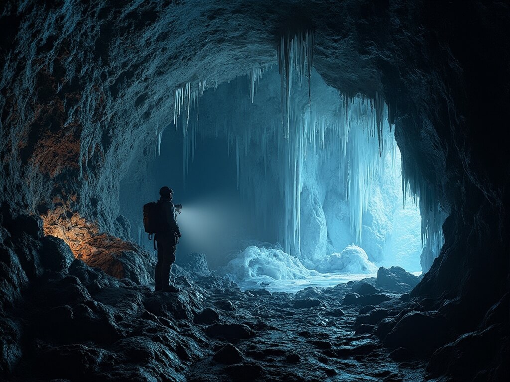 Caver exploring a lava tube cave with lavacicle formations, illuminated by headlamp, contrasting smooth and jagged surfaces, and ice formations in the background