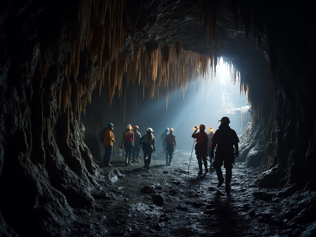 Ranger-led tour group exploring a lava tube cave with headlamps illuminating the unique geological formations and lavacicles, wearing safety gear including helmets and knee pads