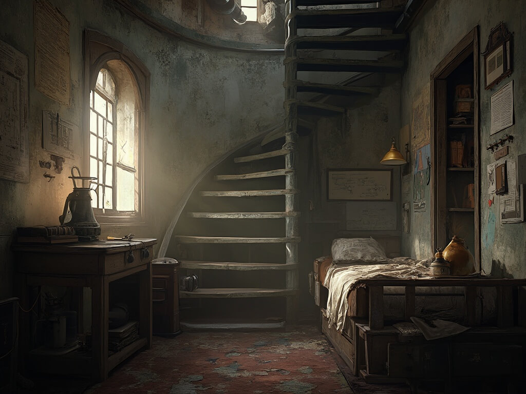 Lighthouse keeper's quarters interior with spiral staircase, wooden table, polishing items for the Fresnel lens, nautical charts on walls, a narrow bed, and personal belongings including a logbook and brass telescope, illustrating the solitary life of a lighthouse keeper