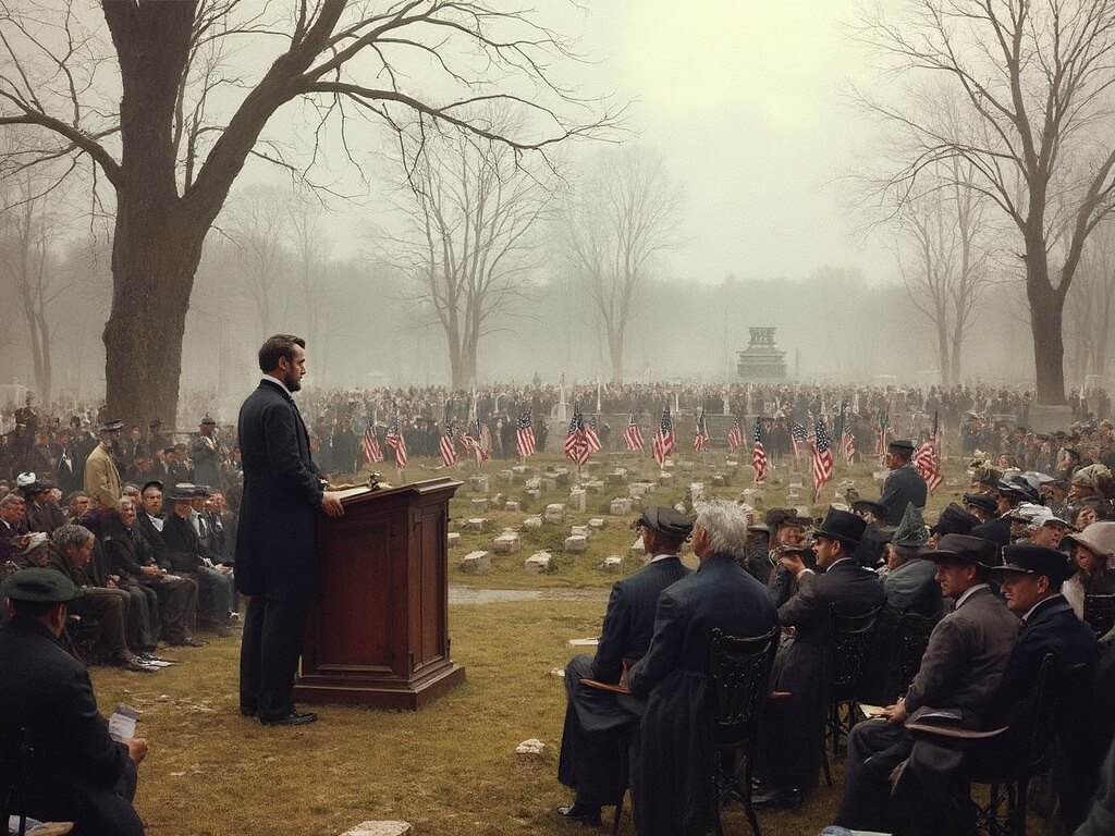 President Abraham Lincoln delivering the Gettysburg Address at the Gettysburg National Cemetery dedication ceremony, surrounded by hundreds of mourners, Union soldiers, and officials, with fresh graves and American flags in the background, under an overcast autumn sky.