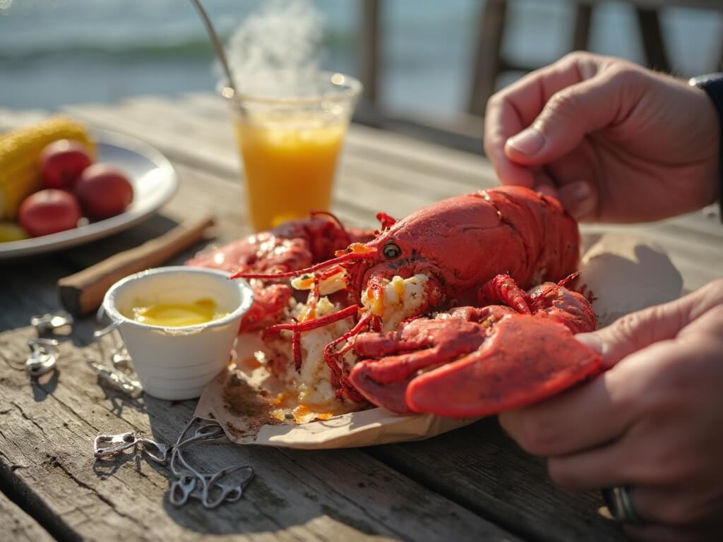 Diner cracking open a steamed Maine lobster on a picnic table by the Atlantic Ocean, with corn on the cob, red potatoes, melted butter and lobster eating tools in scene, shot from a 45-degree angle