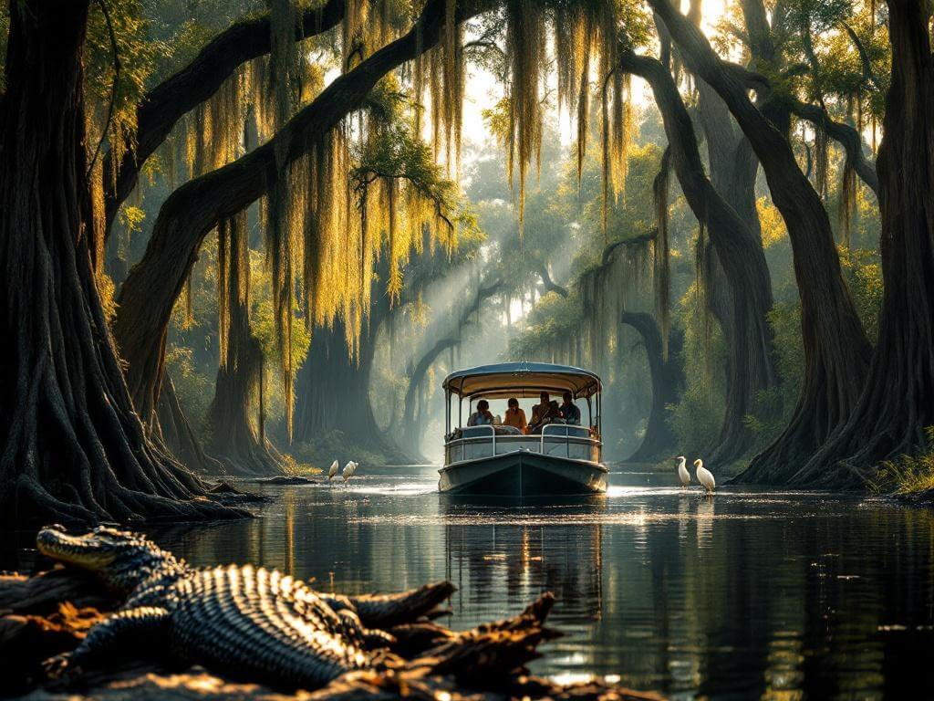 "Tourists on a covered pontoon boat navigating through a narrow bayou lined with moss-covered cypress trees, an alligator sunbathing on a log and white egrets in the background in golden hour light."