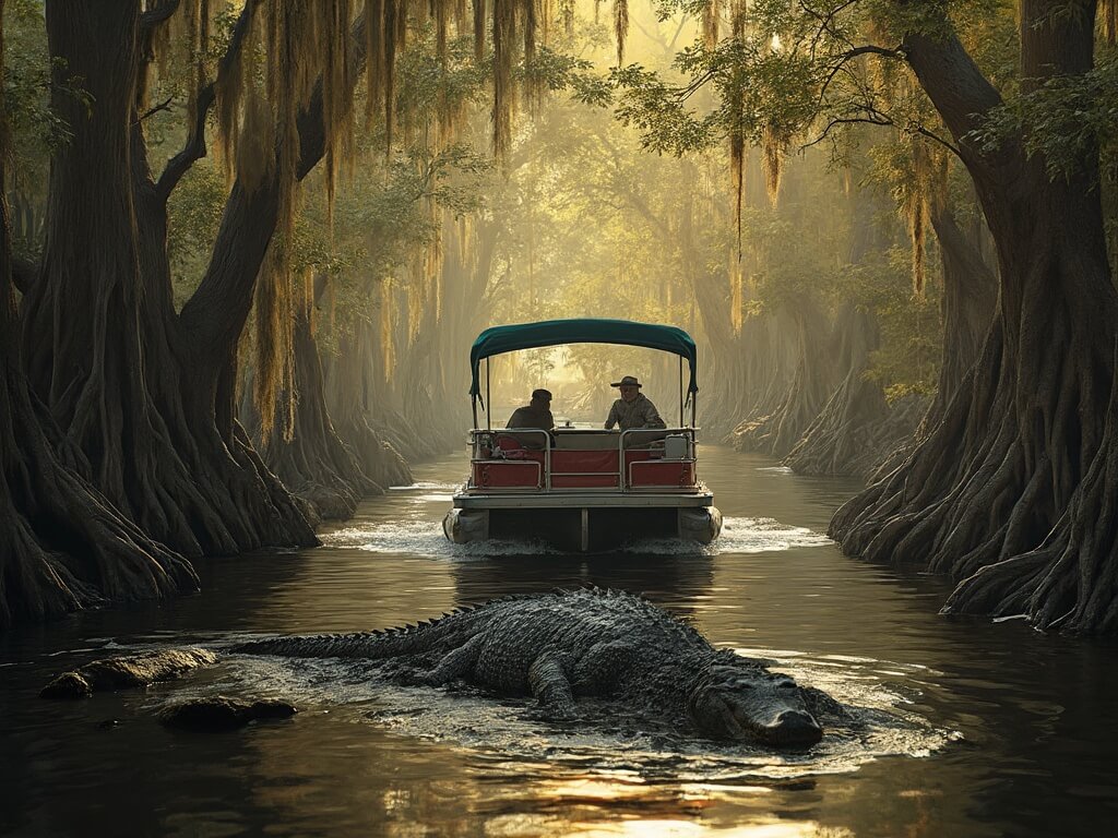 Pontoon boat navigating through a Louisiana swamp under a natural tunnel of moss-covered trees, with an alligator sunbathing on a submerged log and boat ripples disturbing the reflection of trees in the tranquil water.