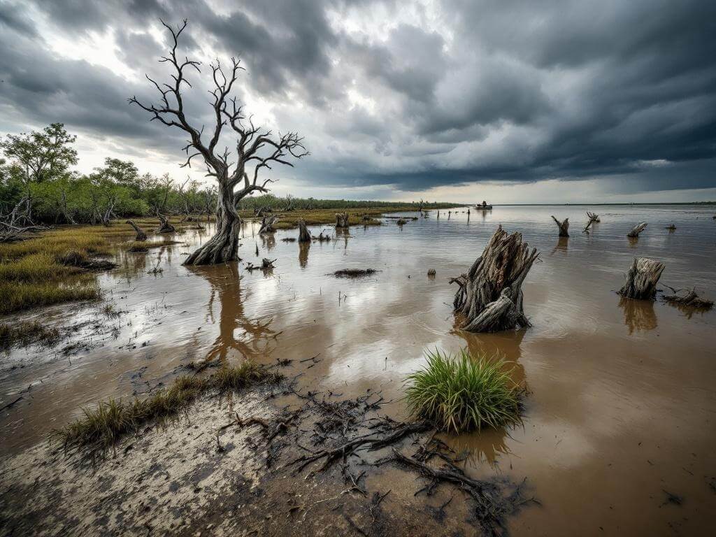 Louisiana wetlands depicting coastal erosion with dead cypress tree stumps, small airboat, storm clouds, muddy water reflection, and dying marsh grass