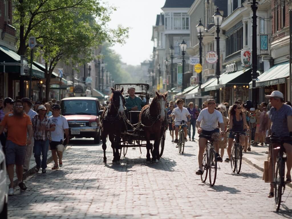 Main Street on Mackinac Island bustling with pedestrians, cyclists, and horse-drawn taxis, with bike rental shops, Victorian storefronts and fudge shops in the background, depicting a car-free atmosphere during peak afternoon hours.