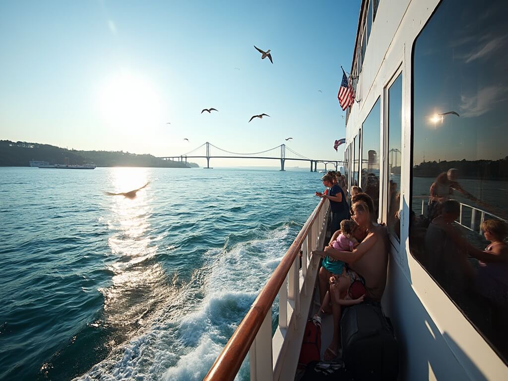 Modern ferry boat leaving Mackinaw City dock on a clear summer morning with passengers observing Lake Huron, Mackinac Bridge in the distance, seagulls tailing the boat, and American flags waving from the stern