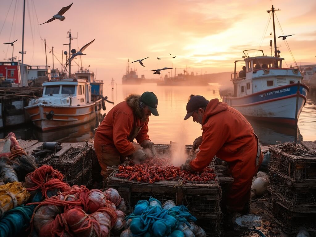 Fishermen sorting fresh-caught lobsters on a Maine dock at dawn, with lobster boats, colorful buoys, and coiled ropes, under a pink-orange sky.