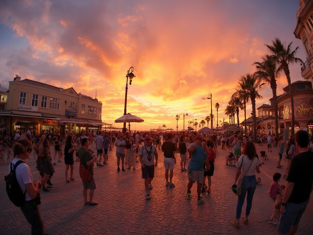 Spectacular sunset at Mallory Square with silhouettes of street performers and crowd, eco-friendly food vendors in the foreground, accessibility ramps on the cobblestones, photographers along the seawall, and recycling stations amid the golden hour glow.