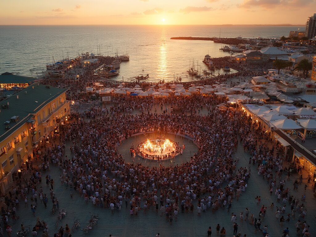 Aerial view of Mallory Square during sunset celebration with crowds, performers, filled docks, waterfront architecture, and Gulf of Mexico under amber sky
