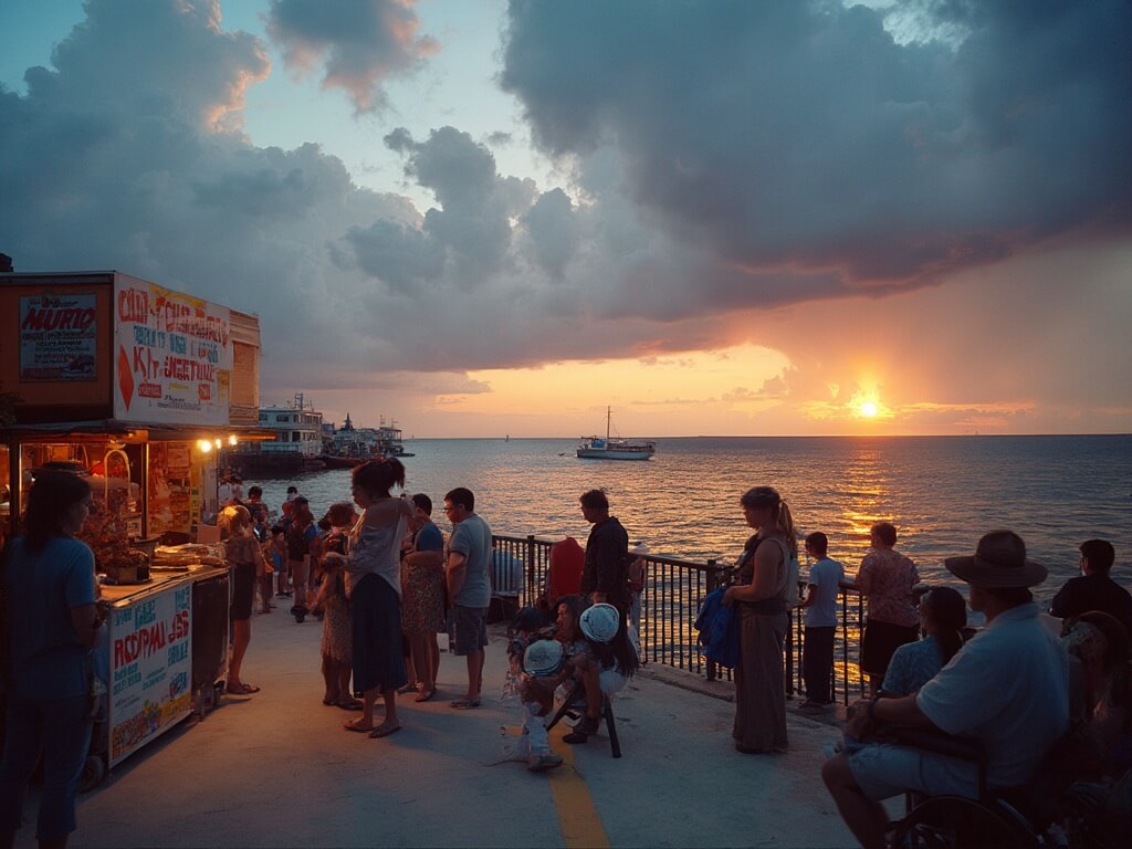 Street performer engaging with children at Mallory Square during pre-sunset preparations, with food vendors, tourists, visible police presence and wheelchair-accessible pathways, under a stormy sky over the Gulf of Mexico.