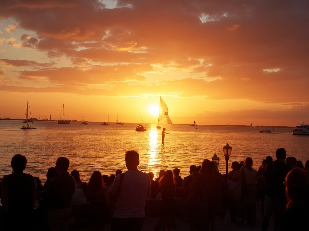 Golden hour at Mallory Square with applauding crowd silhouettes, vibrant sunset sky, sailing boats on the horizon, and Sunset Key against the setting sun