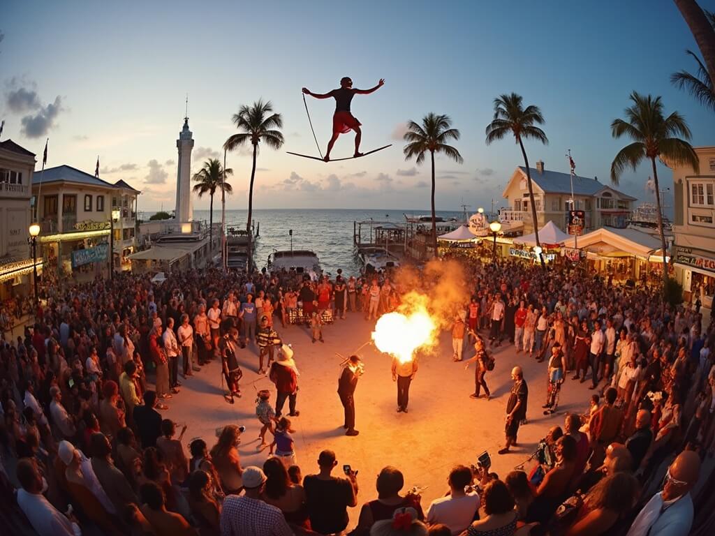 Bustling Mallory Square before sunset with street performers, musicians, food vendors and tourists, historic Key West waterfront and palm trees in the background