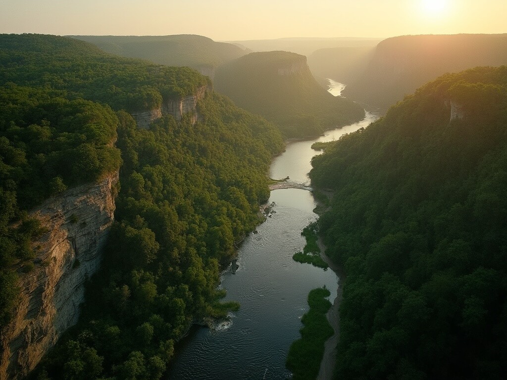 Aerial view of Mammoth Cave National Park at golden hour featuring dense forest, sinkholes, Green River and hints of hidden underground world