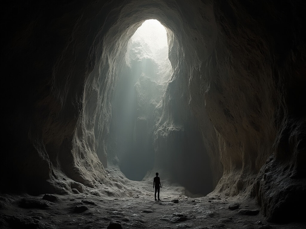 Human silhouette standing in Mammoth Dome chamber, dwarfed by towering limestone walls, artificially lit creating dramatic shadows.