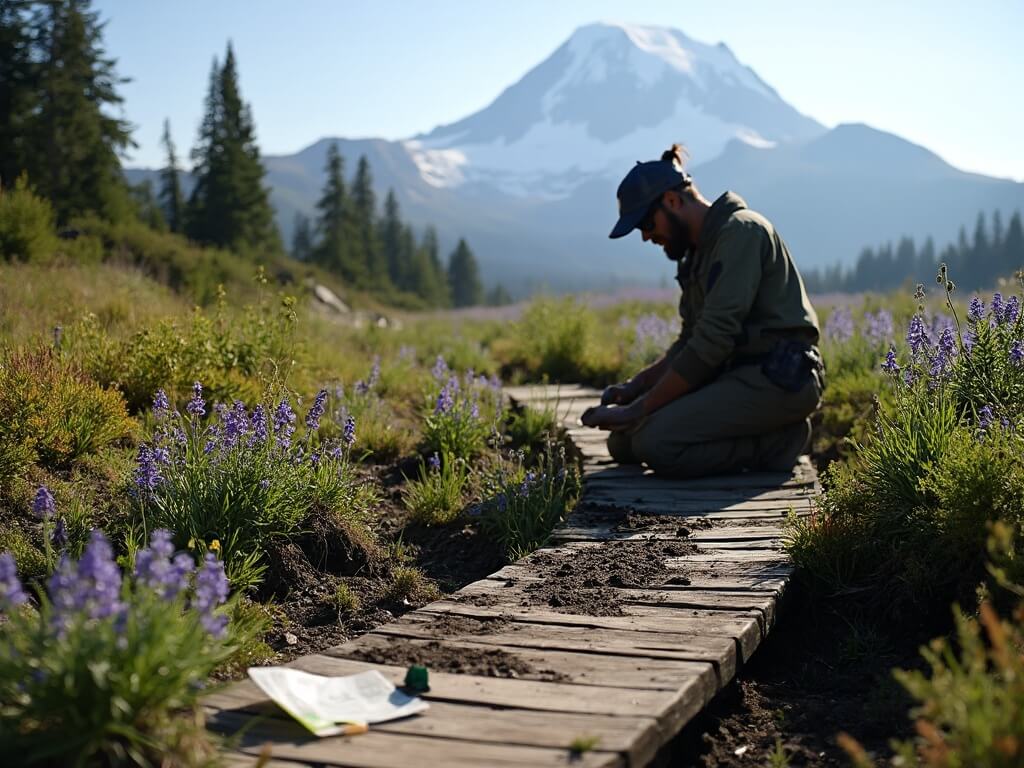 Conservation worker planting wildflower seedlings on eroded subalpine meadow at Mount Rainier, with restoration tools and seed packets nearby.
