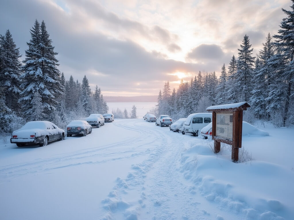 Dawn breaking over Meyers Beach winter landscape with snow-covered cars and National Park Service board in parking area, surrounded by frosty pine forest and overlooking frozen Lake Superior