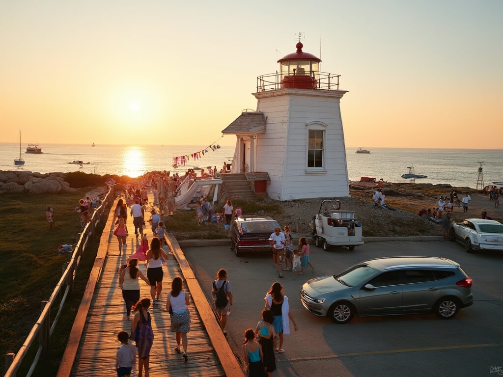Visitors enjoying golden hour at Michigan's bustling lighthouse tourism site with wooden boardwalks, pristine lighthouse, gift shop, parking lot, Lake Michigan and boats in the backdrop.