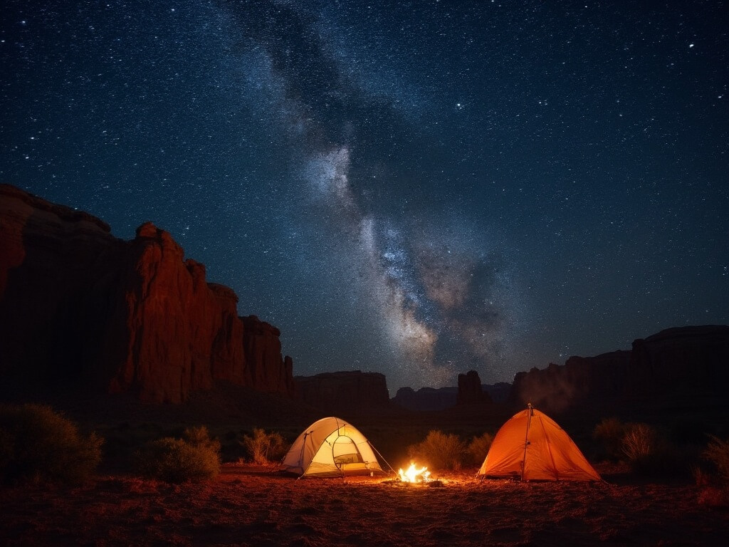 Tent under the Milky Way galaxy at Atlatl Rock campground with red rock formations silhouetted, campfire embers glowing in foreground, and visible galactic core due to minimal light pollution