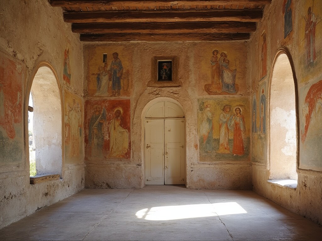 Interior view of Mission ConcepciĂłn highlighting the original 18th-century frescos with natural light showcasing the preserved Spanish colonial religious artwork