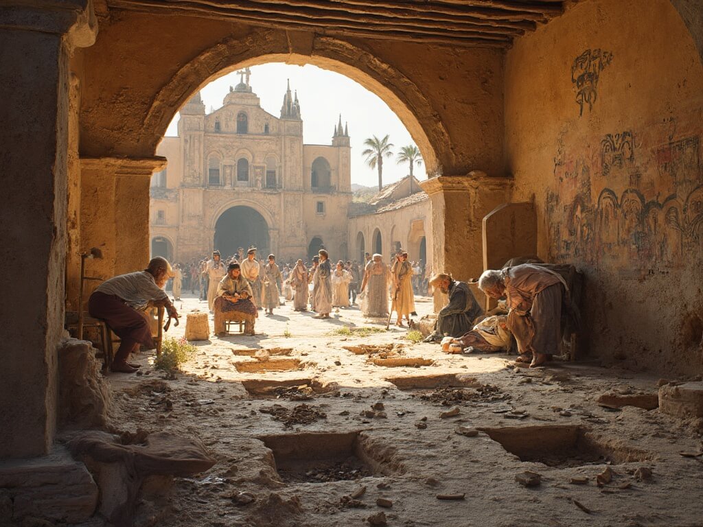 Archaeologists carefully excavating artifacts inside a mission courtyard, with indigenous and Catholic community members celebrating in the background near Spanish Colonial architectural elements and indigenous frescoes.