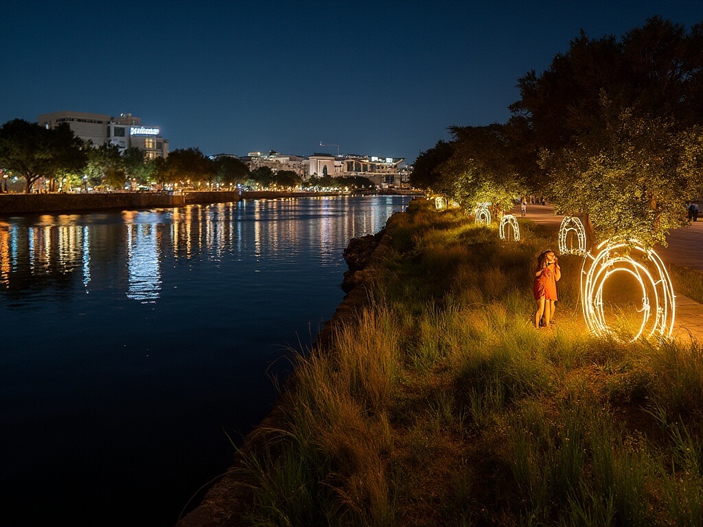 Night shot of Mission Reach section during an art event featuring glowing sculptures reflecting in the dark river, murals on the riverside walls, a couple interacting with an art piece, with the contrasting San Antonio Museum of Art visible in the background.