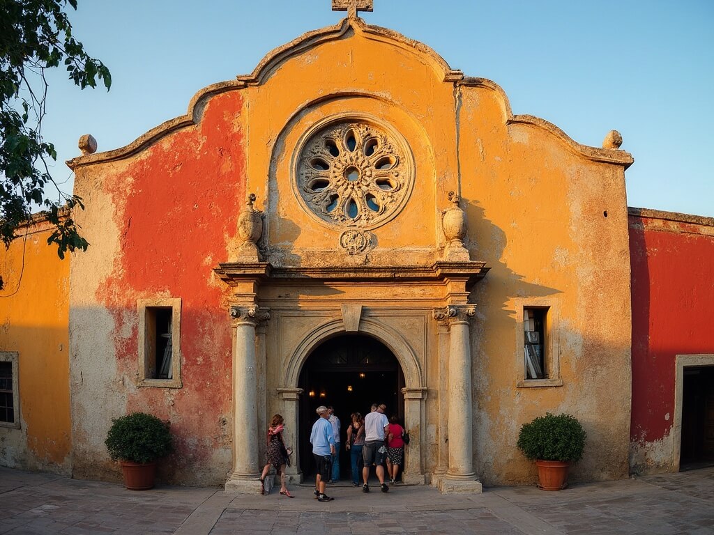 Parishioners entering the colorful Mission San José, highlighted by golden hour light, with detailed Rose Window as the focal point