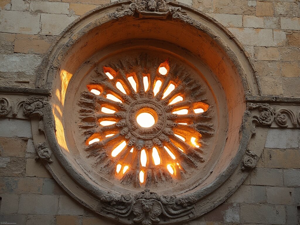 Ornate Rose Window on the south wall of Mission San José illuminated by golden hour sunlight, showcasing intricate stone carvings, flying buttresses, and vibrant restored plaster details against weathered limestone walls