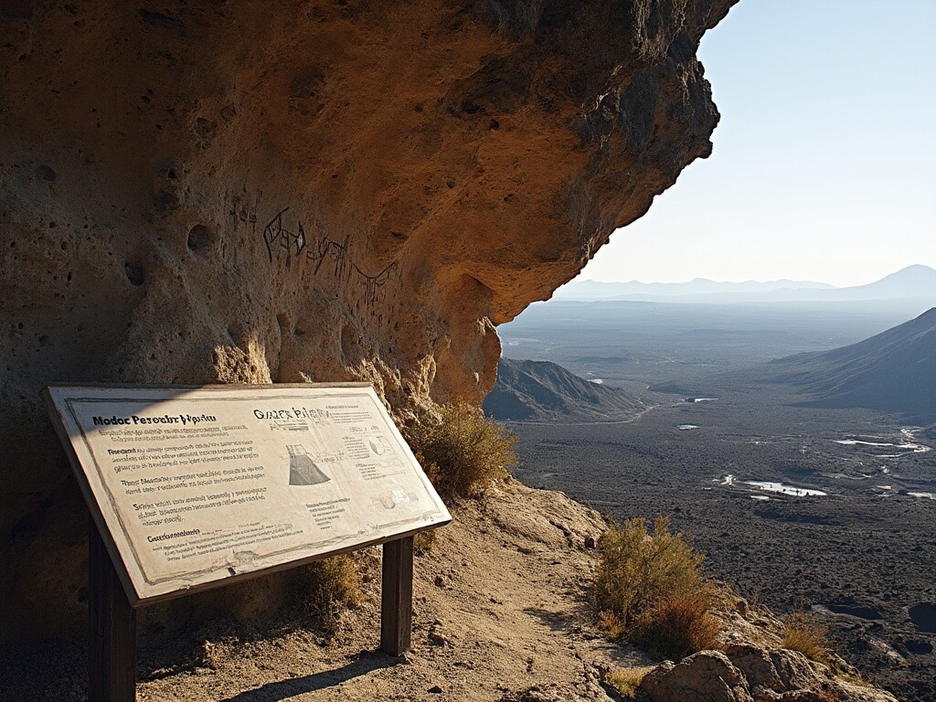 Ancient Modoc rock art at Petroglyph Point, displaying intricate geometric shapes and animal figures illuminated by morning light, with an interpretive sign in the foreground, set against the backdrop of the vast lava beds landscape.