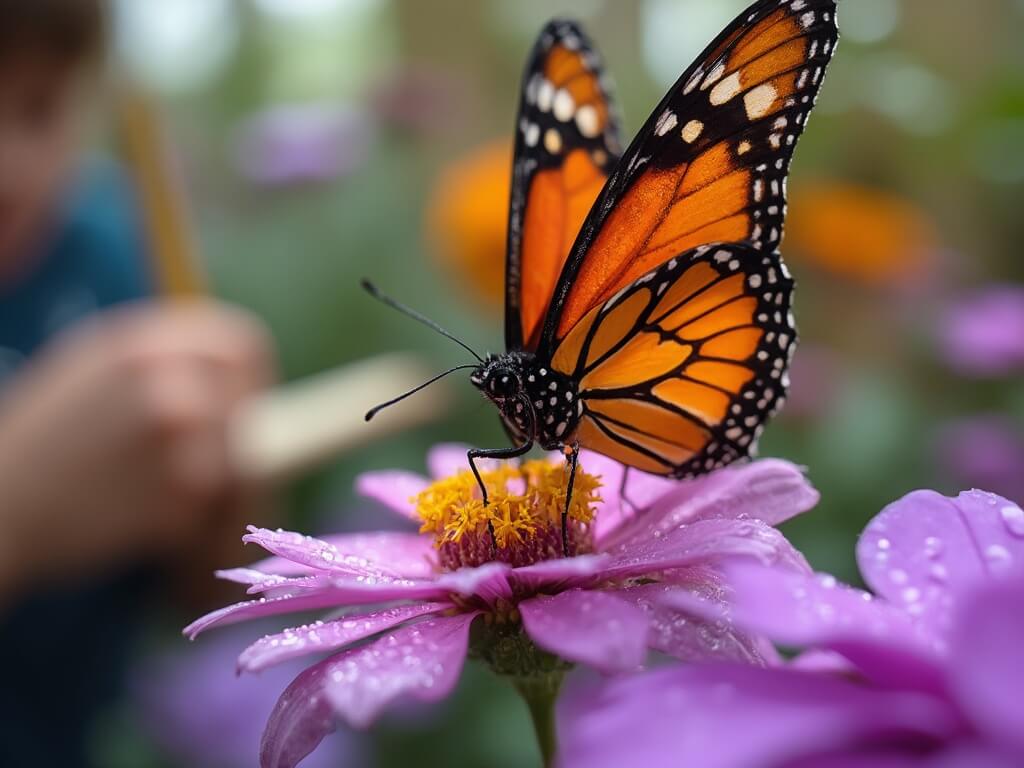 Monarch butterfly on purple flower with a student taking notes in the background