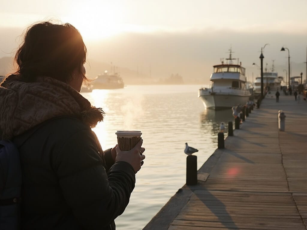 Person in layered clothing holding a coffee cup at Monterey Bay harbor dock during golden hour, with fishing boats, whale watching vessels, seagulls, and misty mountains in the background.