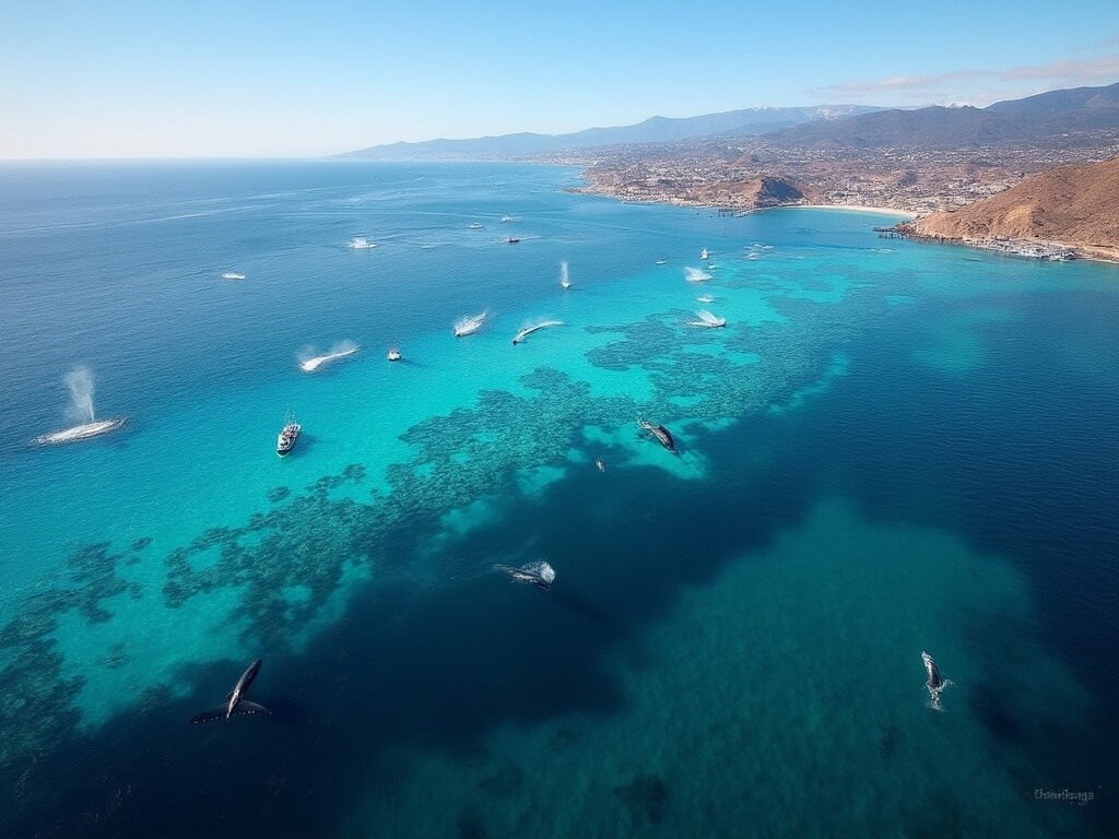 Aerial view of Monterey Submarine Canyon with color variations in water due to nutrient-rich upwelling, visible whale spouts, whale watching boats along canyon edge, and Monterey Peninsula and coastal mountains in the background.