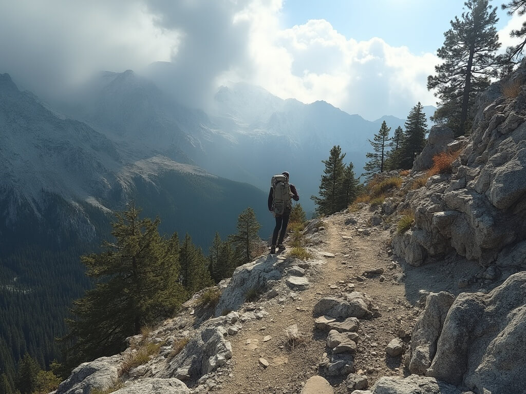 Hiker on alpine trail towards Mount Washington Grove at 11k feet amidst angled Bristlecone pines and looming storm clouds in Nevada's wilderness.