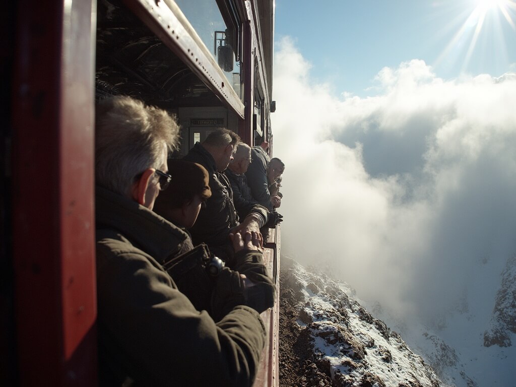 Passengers in a vintage Mount Washington Cog Railway car ascending the mountain, gazing out at the sunlit view from open-air windows, with the summit buildings above the clouds in the distance