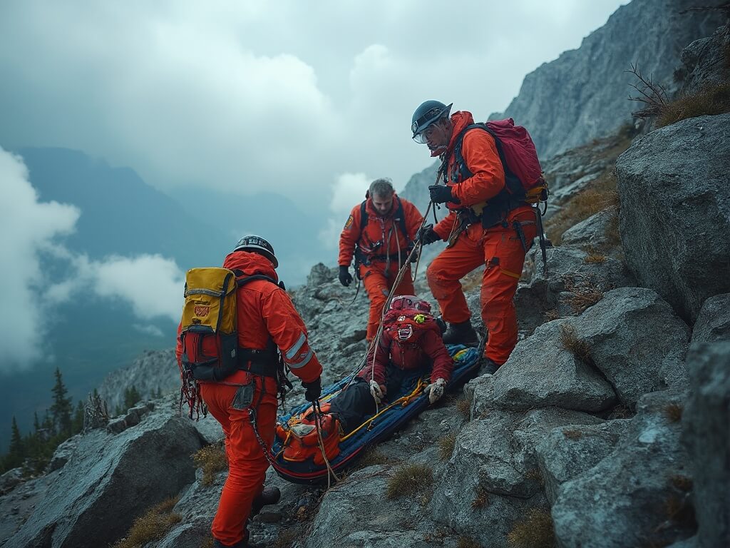 Mountain rescue team assisting injured hiker down steep, rocky terrain on Mount Washington, using technical rope systems in high-visibility gear, with rescue litter and bystanders visible in a backdrop of dark, cloudy weather and reduced visibility