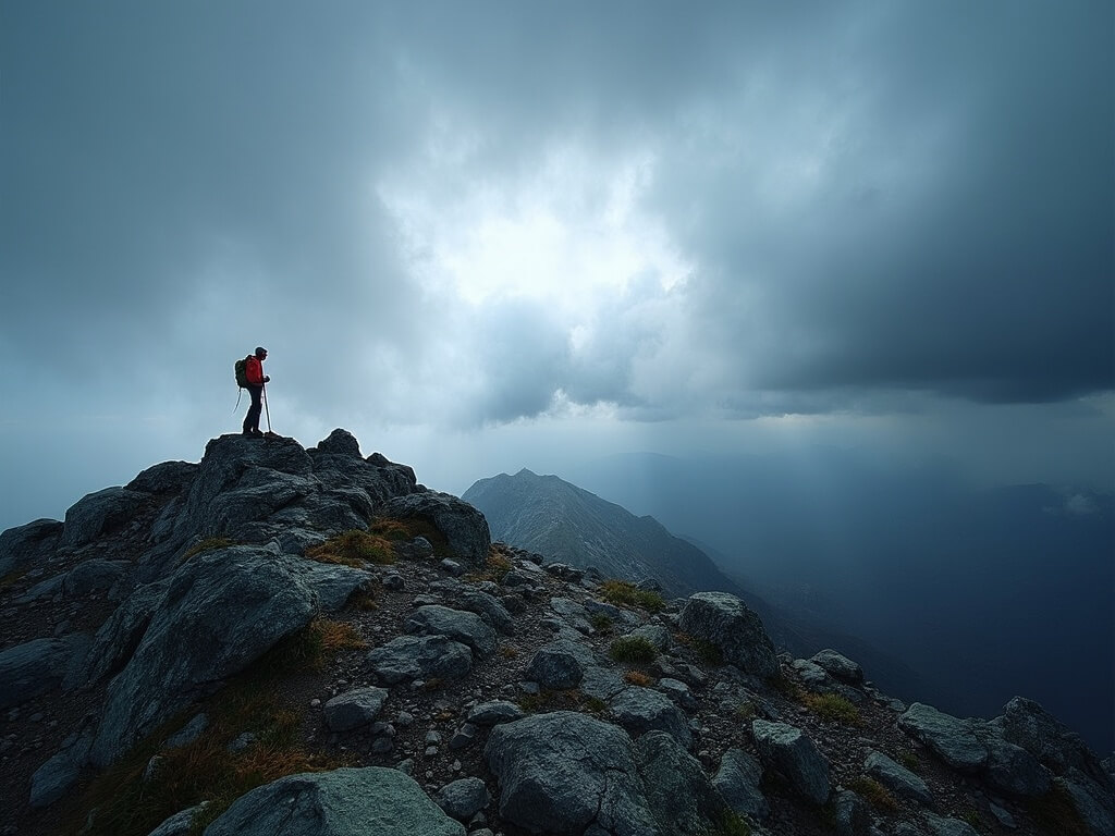Hiker on Mount Washington's Jewell Trail with approaching storm clouds