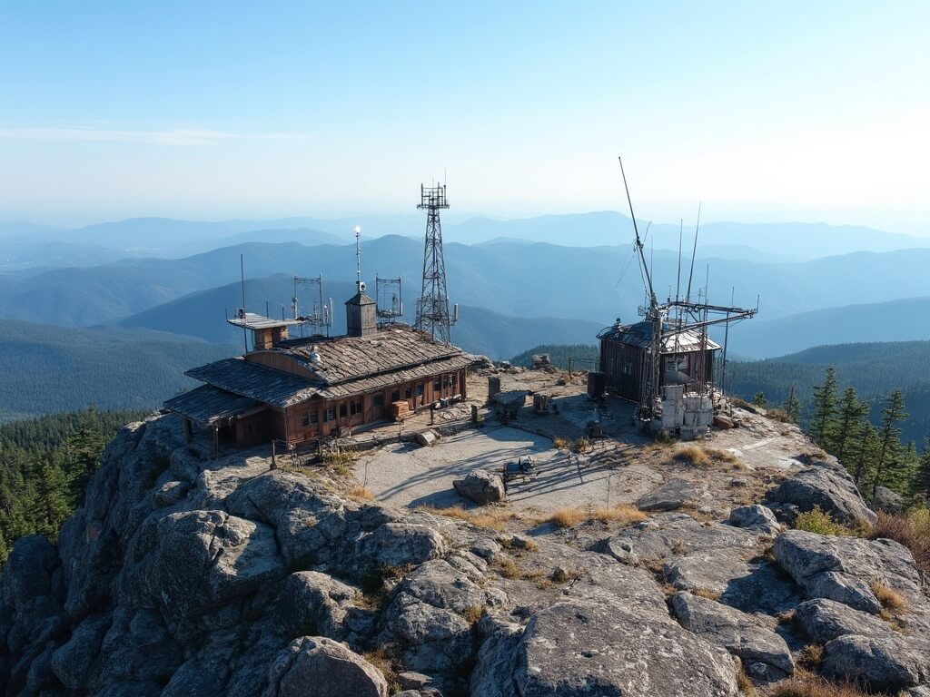 Aerial view of Mount Washington's summit plateau featuring modern and historic buildings, communication towers, a weather station, hikers at the summit cairn, and panoramic views of mountain layers fading into the horizon.
