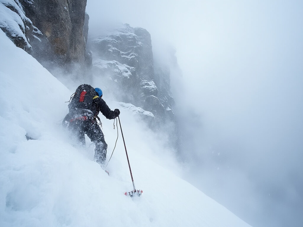 Solo mountaineer ascending steep, snow-covered terrain on Mount Washington's Lion Head Winter Route in harsh weather conditions, with reduced visibility due to swirling snow and cloud-obscured rocky cliffs.