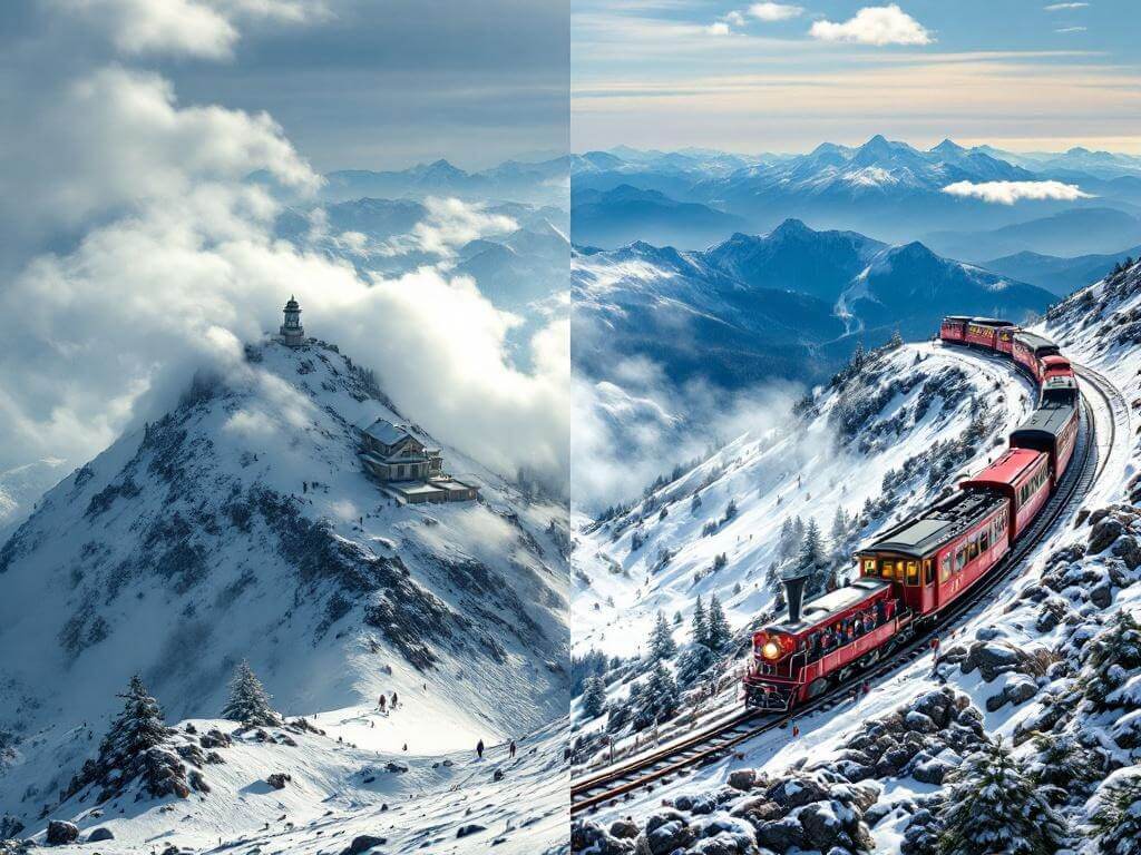 "Split-screen image of Mount Washington's summit showcasing hikers braving snowy winter conditions on the left, and the red Mount Washington Cog Railway steam train scaling the green slope amidst clear summer day on the right."